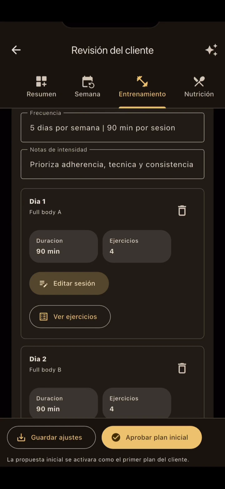 Revisión del cliente en KYBA, con Editar sesión, Guardar ajustes y Aprobar plan inicial visibles.